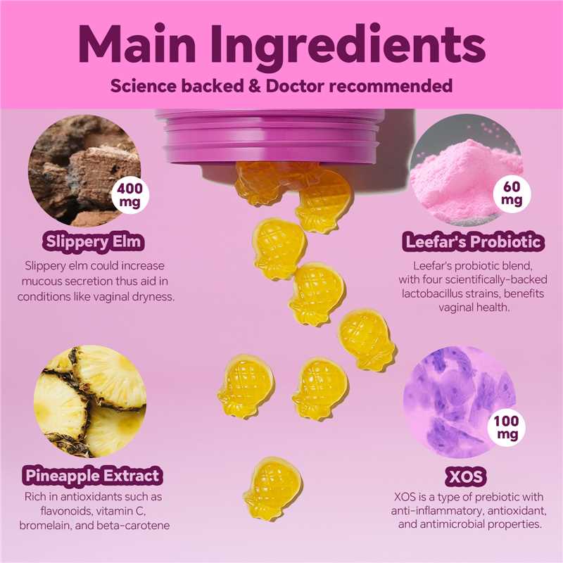 Product packaging with visible ingredients and their benefits on a pink background