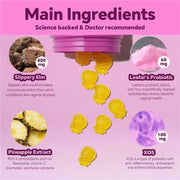Product packaging with visible ingredients and their benefits on a pink background